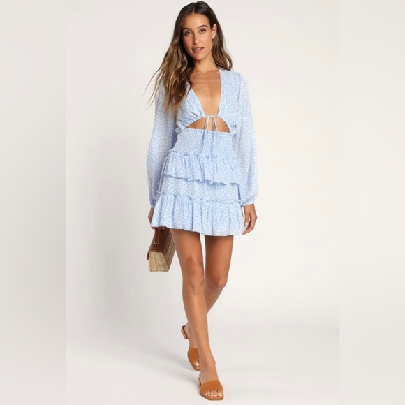 Lulus Dresses & Skirts - Cheery Cutie Light Blue Floral Print Tie-Front Tiered Mini Dress